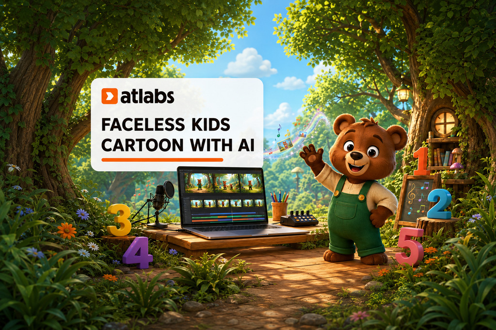 Benny the Bear creating a faceless kids cartoon with Atlabs AI